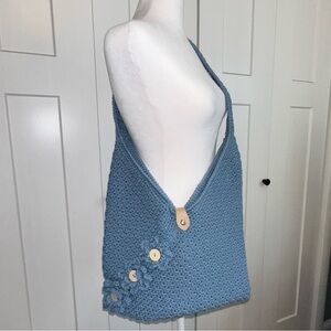 Handmade Blue Crochet Shoulder Bag with Faux Leather Snap Closure